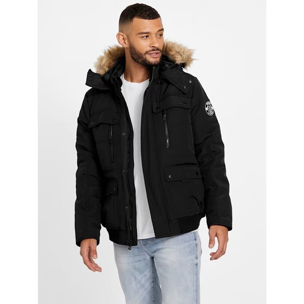 NEW! GUESS FAUX FUR HOOD PUFFER WINTER JACKET FOR MEN, BLACK SIZE SMALL